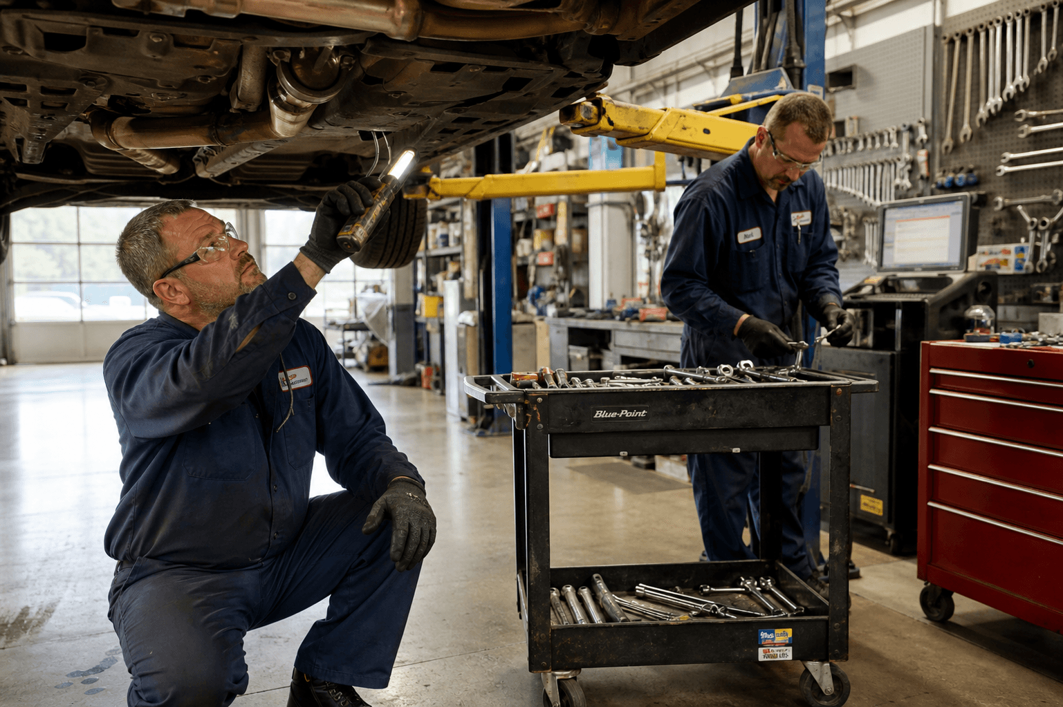 Two Elite technicians working together — one inspecting the underbody with a torch, the other organising tools at the cart